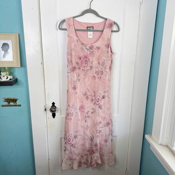VTG Believe Ballet Pink Floral Fairy Garden Ruffle Midi Dress Romantic Size 10 - Picture 1 of 15